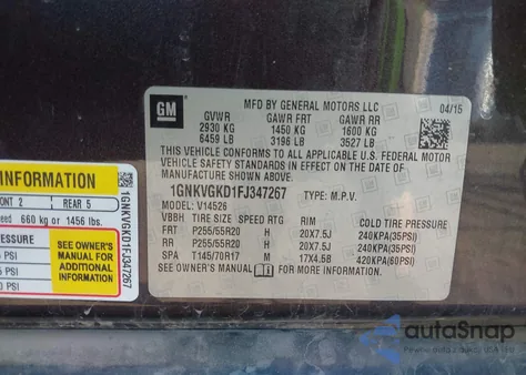 2015 Chevrolet Traverse 1Lt z USA, uszkodzony, nr VIN 1GNKVGKD1FJ347267